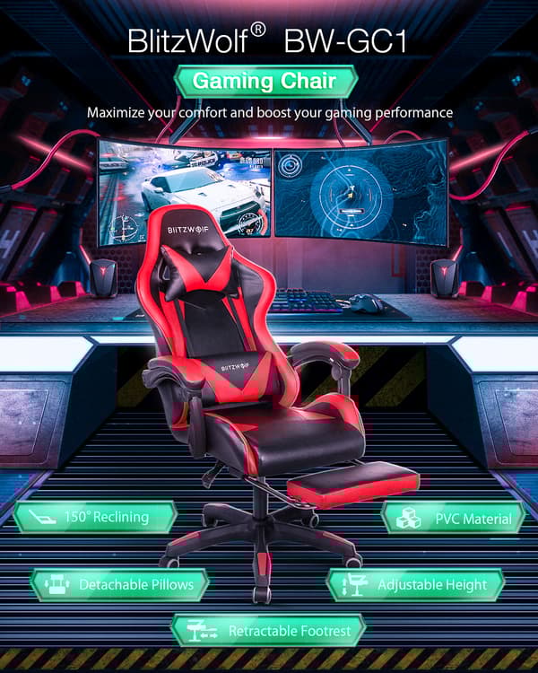 BW-GC1 Gaming Chair Ergonomisk design 150°återstående avtagbara kuddar Fotstöd Integrerat armstöd Home Office - Svartvitt