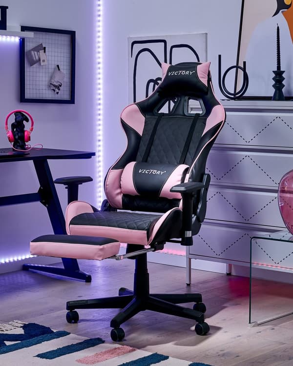 Gamingstol Svart Rosa Konstläder Justerbara Armstöd och Höjd Fotstöd Modern design