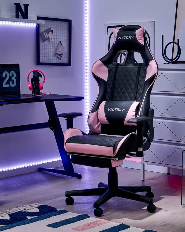 Gamingstol Svart Rosa Konstläder Justerbara Armstöd och Höjd Fotstöd Modern design