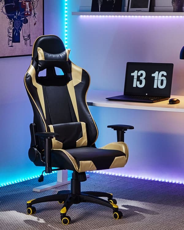 Gamingstol Svart og Gull PU-skinn Svingbar Justerbar høyde
