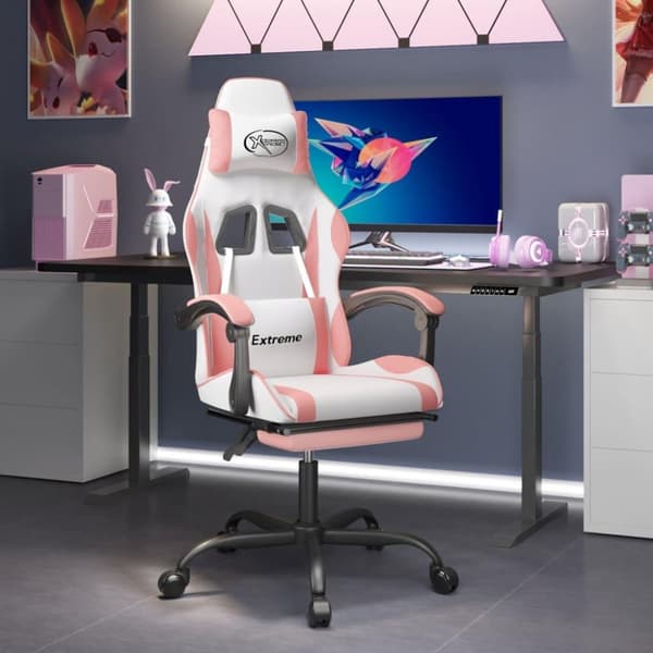 vidaXL drejelig gamingstol med fodstøtte kunstlæder hvid og pink