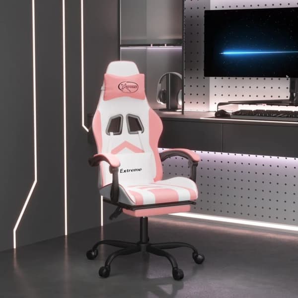 vidaXL drejelig gamingstol med fodstøtte kunstlæder hvid og pink