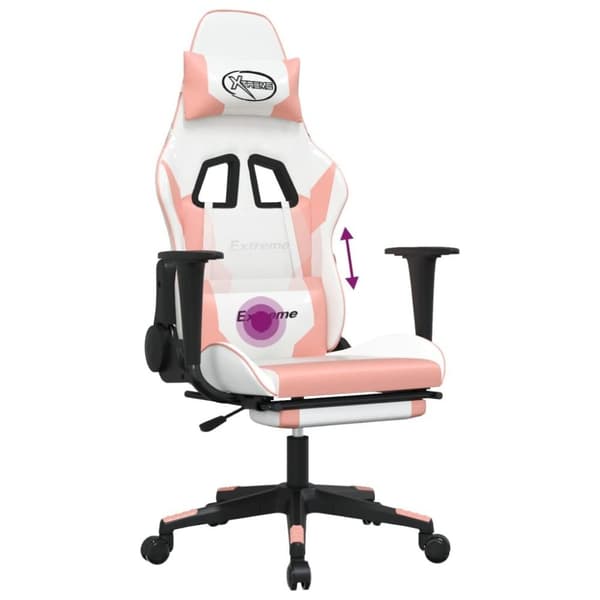 vidaXL Gamingstol med massage och fotstöd vit och rosa konstläder