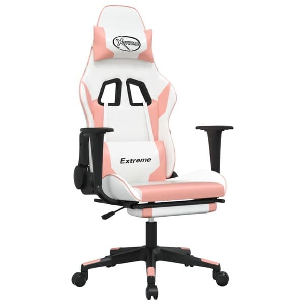 vidaXL Gamingstol med massage och fotstöd vit och rosa konstläder