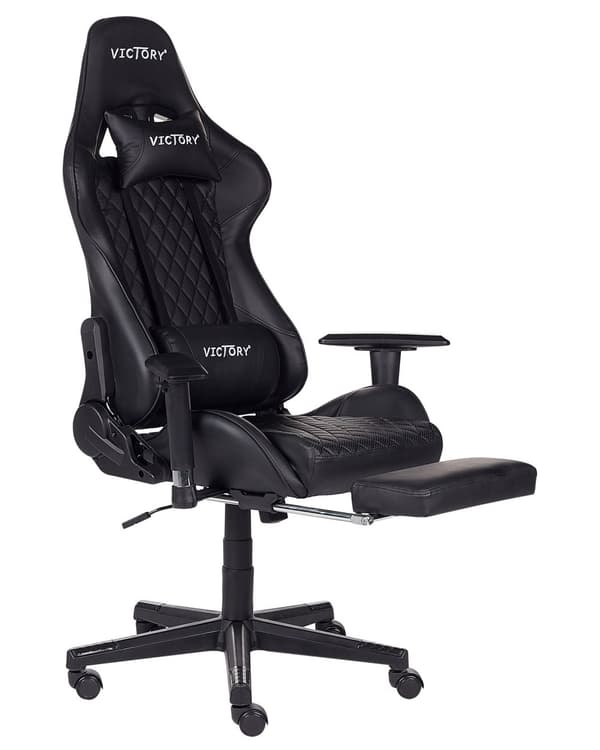 Spillestol Sort Kunstlæder Drejelige Justerbare Armlæn og Højde Fodstøtte Moderne Stil