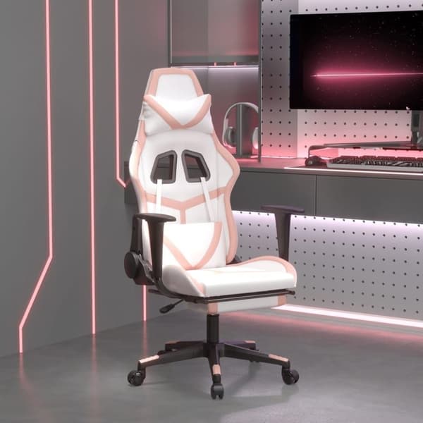 vidaXL Gamingstol med massage och fotstöd vit och rosa konstläder
