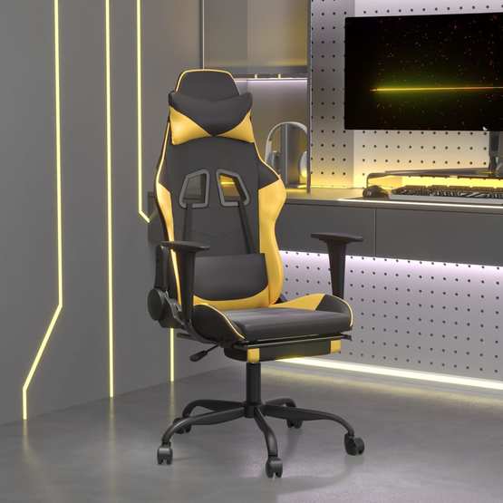 Gamingstol Med Massage Och Fotstöd Svart Och Guld Konstläder-3