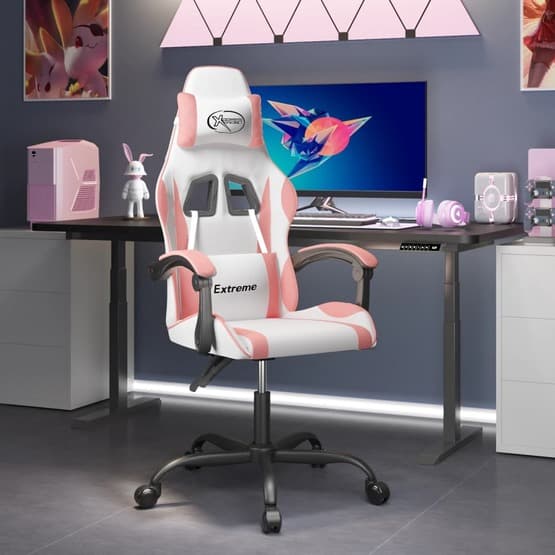 Gamingstol Vit Och Rosa Konstläder-4