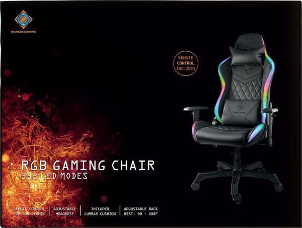 DELTACO GAMING GAM-080 - gaming stol i kunstlæder med RGB-belysning, ryglæn kan vippes, 332 RGB farvepositioner, nakkepude, rygpude, sort / RGB
