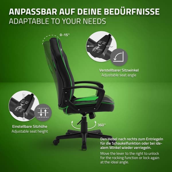 ML-Design Spelstol med gungfunktion; Grön; Konstläder; Ergonomisk kontorsstol med armstöd; Höj- och sänkbar snurrstol; S-formad ryggstöd; Racing