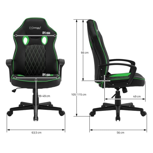 ML-Design Spelstol med gungfunktion; Grön; Konstläder; Ergonomisk kontorsstol med armstöd; Höj- och sänkbar snurrstol; S-formad ryggstöd; Racing
