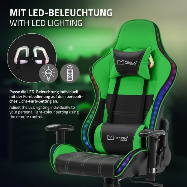 ML-Design Pelaajan tuoli RGB LED-valaistuksella ja Bluetooth-kaiuttimilla; vihreä; keinonahka; ergonominen toimistotuoli; korkea selkänoja; pääntuki;