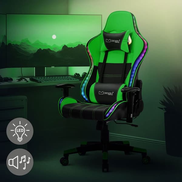 ML-Design Gamingstol med RGB LED-belysning og Bluetooth-højttalere; grøn; kunstlæder; ergonomisk kontorstol; højt ryglæn; nakkestøtte; lændestøtte;