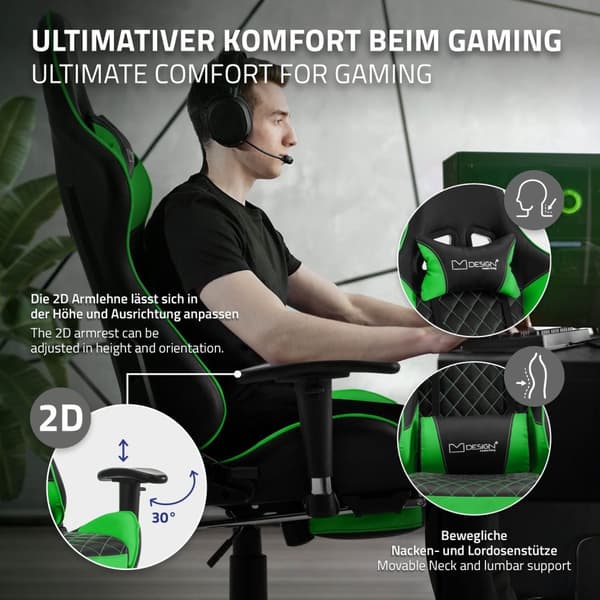 ML-Design Pelaajan tuoli jalkatuetulla; vihreällä; keinonahkaisella; ergonomisella toimistotuolilla; käsinojilla; pääntuella; lannerullalla;