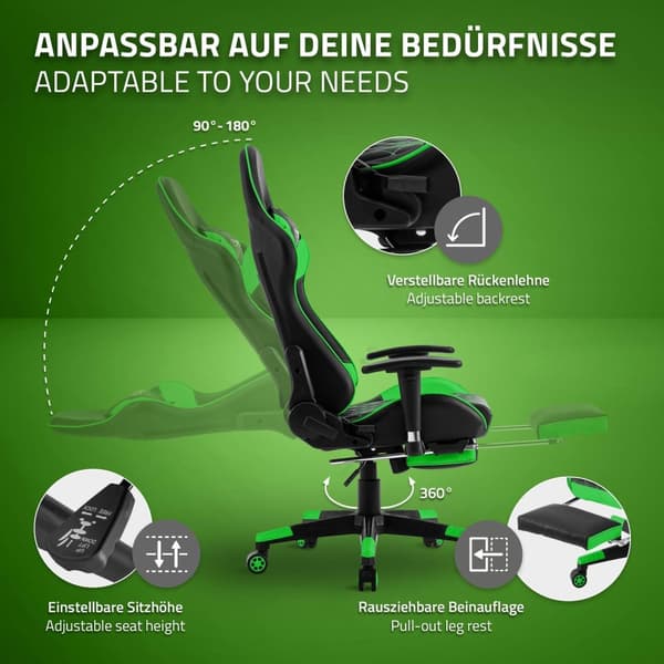 ML-Design Pelaajan tuoli jalkatuetulla; vihreällä; keinonahkaisella; ergonomisella toimistotuolilla; käsinojilla; pääntuella; lannerullalla;