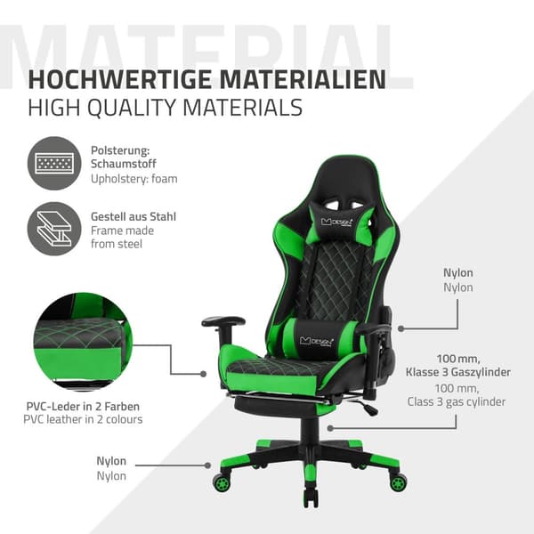 ML-Design Pelaajan tuoli jalkatuetulla; vihreällä; keinonahkaisella; ergonomisella toimistotuolilla; käsinojilla; pääntuella; lannerullalla;