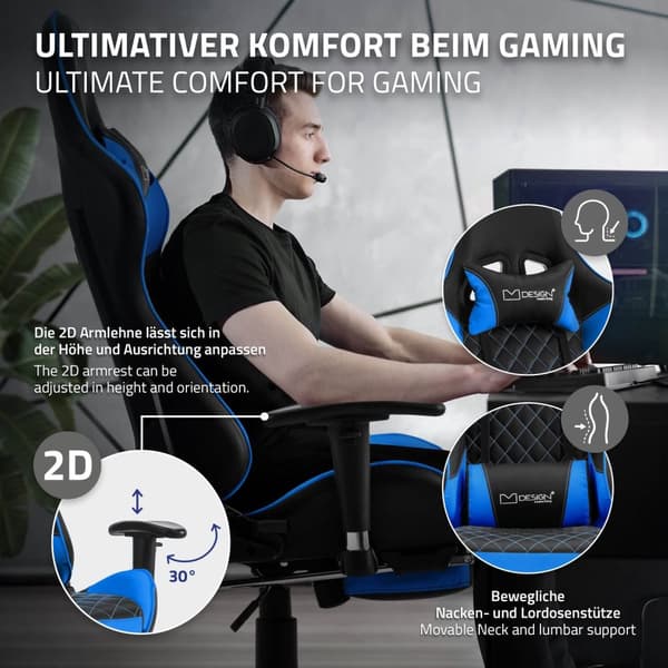 ML-Design Gaming Stol med fodstøtte; Blå; Kunstlæder; Ergonomisk kontorstol med armlæn; Nakkestøtte; Lændepude; Justerbar drejestol; Høj ryglæn;