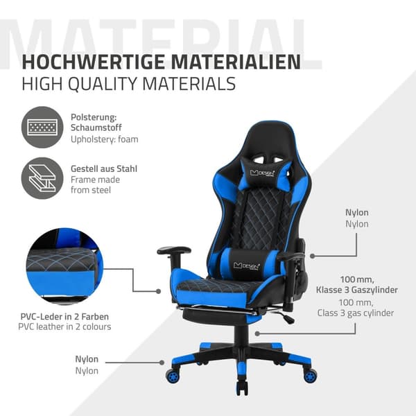 ML-Design Gaming Stol med fodstøtte; Blå; Kunstlæder; Ergonomisk kontorstol med armlæn; Nakkestøtte; Lændepude; Justerbar drejestol; Høj ryglæn;