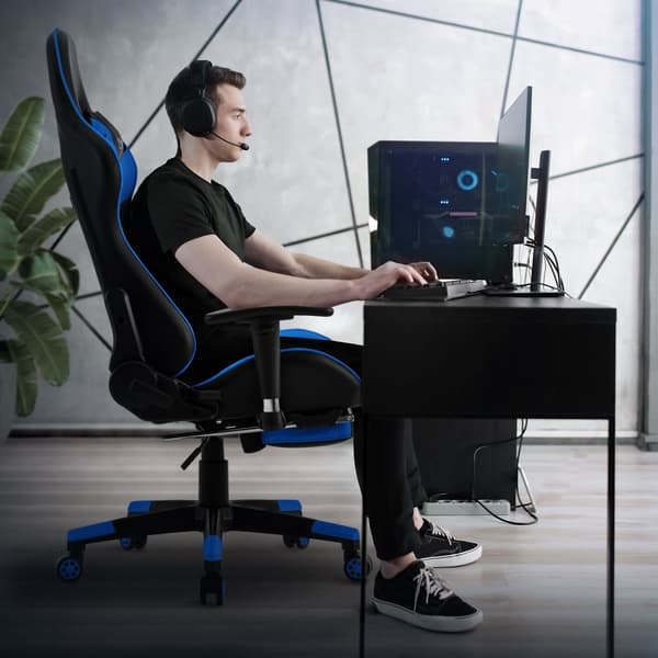 ML-Design Gaming Stol med fodstøtte; Blå; Kunstlæder; Ergonomisk kontorstol med armlæn; Nakkestøtte; Lændepude; Justerbar drejestol; Høj ryglæn;