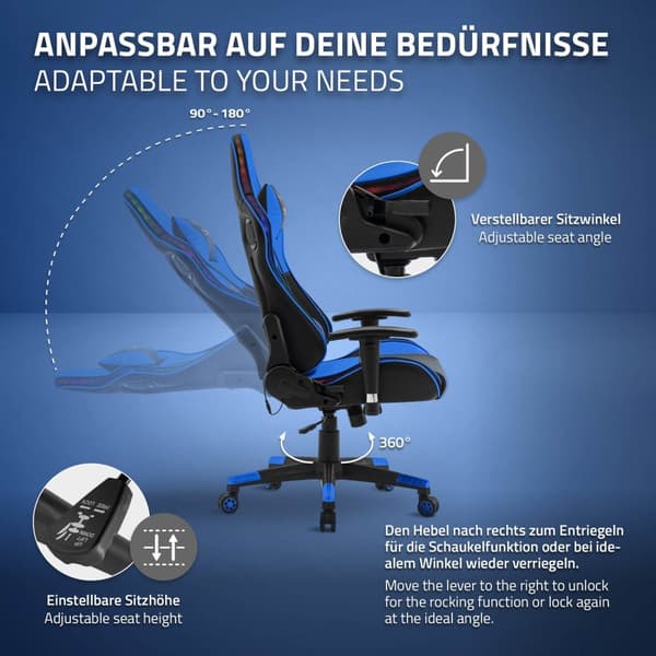 ML-Design Pelaajan tuoli RGB LED-valaistuksella ja Bluetooth-kaiuttimilla; sininen; keinonahka; ergonominen toimistotuoli; korkea selkänoja;