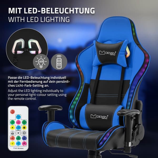 ML-Design Pelaajan tuoli RGB LED-valaistuksella ja Bluetooth-kaiuttimilla; sininen; keinonahka; ergonominen toimistotuoli; korkea selkänoja;
