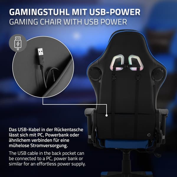 ML-Design Pelaajan tuoli RGB LED-valaistuksella ja Bluetooth-kaiuttimilla; sininen; keinonahka; ergonominen toimistotuoli; korkea selkänoja;