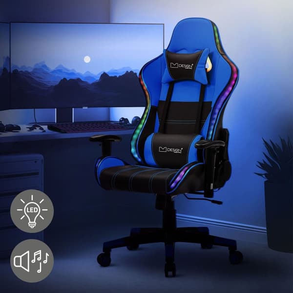 ML-Design Gaming Stol med RGB LED-belysning & Bluetooth-højttalere; Blå ...