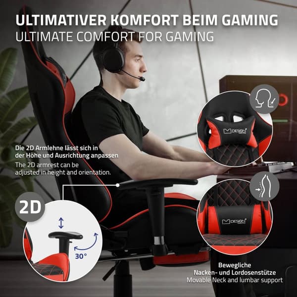 ML-Design Spillerstol med fodstøtte; rødt kunstlæder; ergonomisk kontorstol med armlæn; nakkestøtte; lændestøtte; justerbar drejestol; højt ryglæn;
