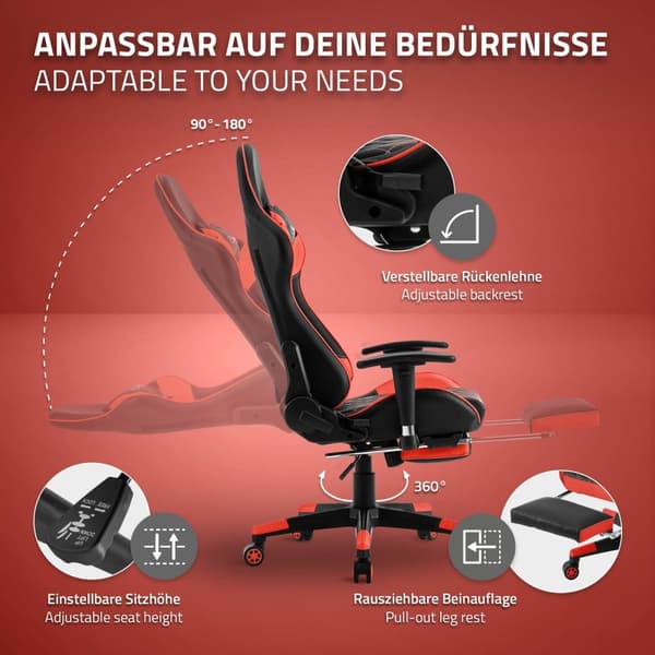 ML-Design Spillerstol med fodstøtte; rødt kunstlæder; ergonomisk kontorstol med armlæn; nakkestøtte; lændestøtte; justerbar drejestol; højt ryglæn;