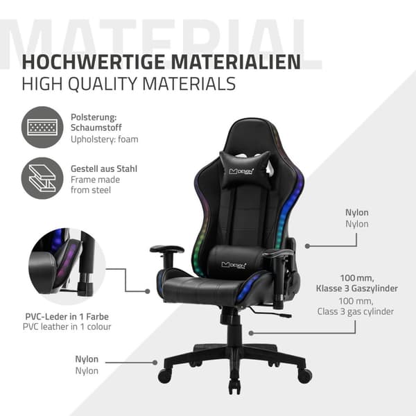 ML-Design Gaming Stol med RGB LED-belysning & Bluetooth-högtalare; Svart; Konstläder; Ergonomisk kontorsstol; Ryggstöd; Nackstöd; Ländkudde;