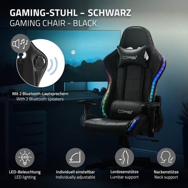 ML-Design Gaming Stol med RGB LED-belysning & Bluetooth-högtalare; Svart; Konstläder; Ergonomisk kontorsstol; Ryggstöd; Nackstöd; Ländkudde;