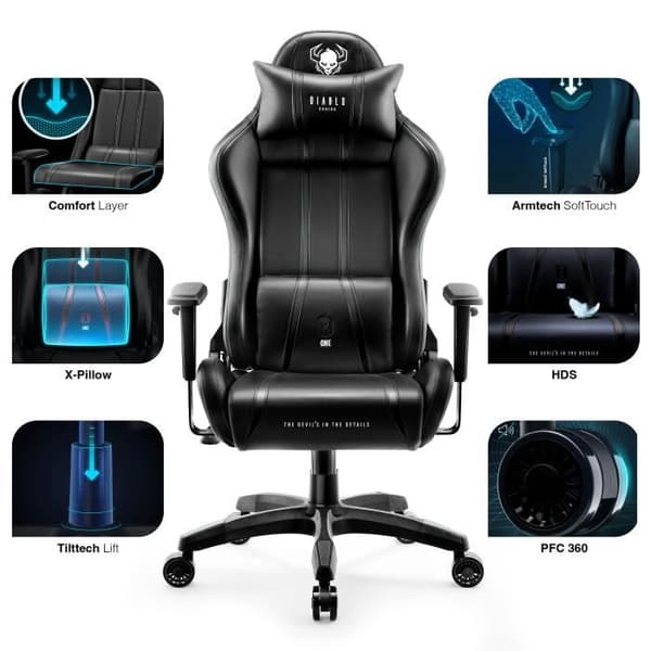 Diablo X-One 2.0 Gaming Chair Office Gamer Fåtölj 1D Skai Armstödskudde Lumbar Cousin (svart, XL)