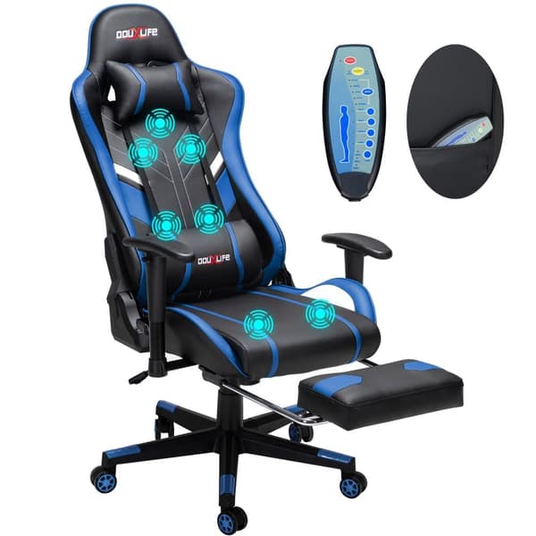 GC-RC03 Gaming Stol Massage Ergonomisk høj ryg Design Lændeafslapning Ny tilpasset PU Massage Computer Kontorstole, Farve: Sort + Blå
