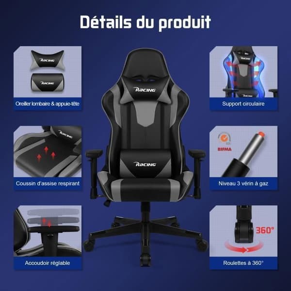 Gaming Chair, Last 150KG Ergonomic Gamer Chair 56CM sits, nackstöd, svankkudde och justerbara armstöd