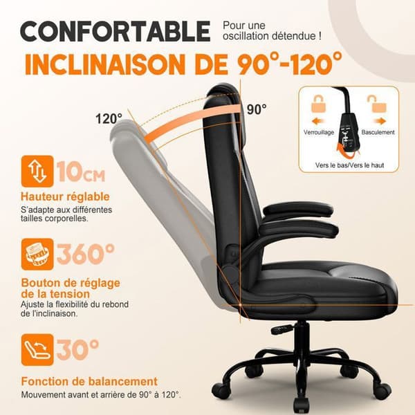 Ergonomisk Spelstol i Svart Läder – Justerbar Spelstol 120°, Vikbara Armstöd 90°, Max Belastning 120 kg