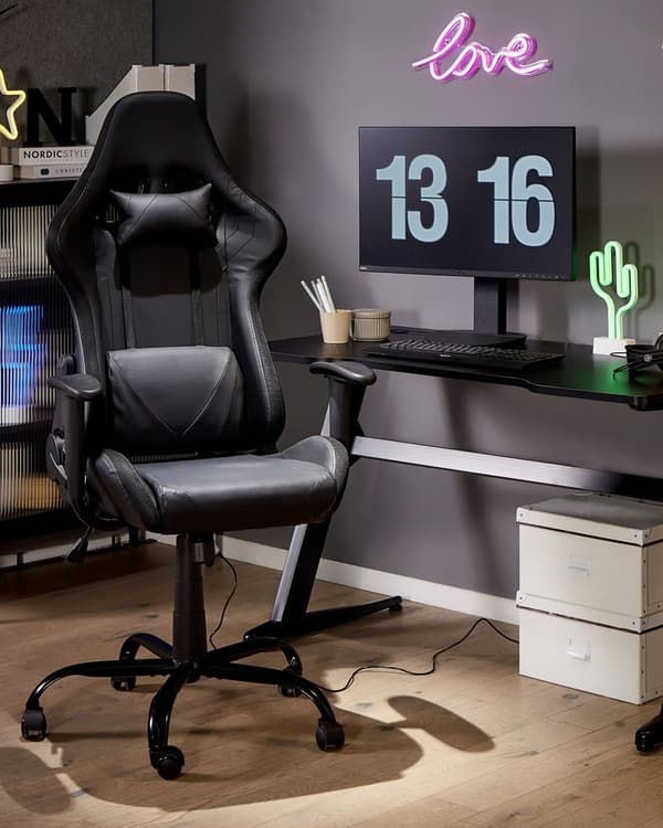 Gamingstol Svart Konstläder Vridbar Justerbar Höjd Gaslift med LED-belysning Modern Kontor