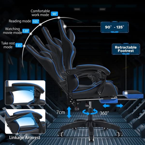 Gaming Chair Kontorsstol med Fotstöd, Ergonomisk Massagestol Höjdjusterbar upp till 90 kg - Blå