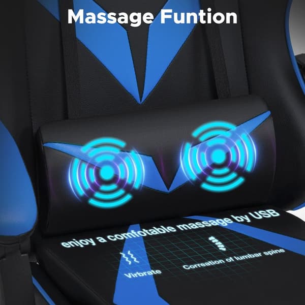 Gaming Chair Kontorsstol med Fotstöd, Ergonomisk Massagestol Höjdjusterbar upp till 90 kg - Blå