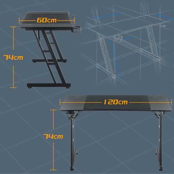 LARS360 spelbord Ergonomiskt spelbord med kolfiberskiva med mugghållare, hörlursstöd - 120 x 60 cm