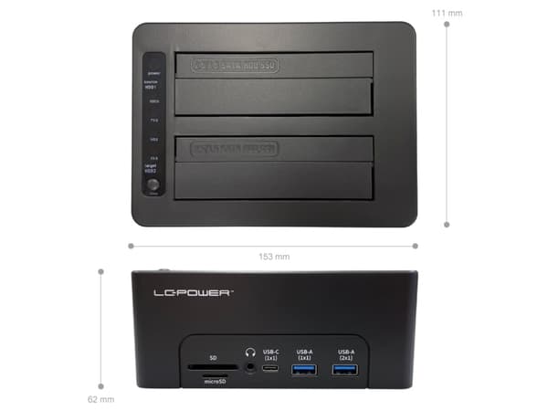 LC-Power LC-DOCK-C-MULTI-HUB, HDD, Memory card, SSD, Serial ATA, Serial ATA II, Serial ATA III, 2.5,3.5", USB 3.2 Gen 2 (3.1 Gen 2) Type-C, Black, Pl