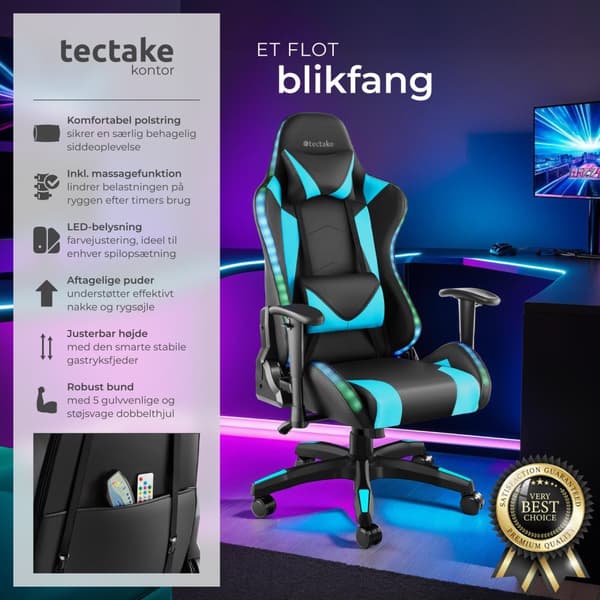 Gamerstol Tartaros, LED, massagefunktion - sort/azur