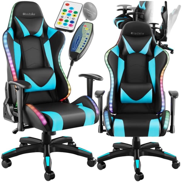 Gamerstol Tartaros, LED, massagefunktion - sort/azur