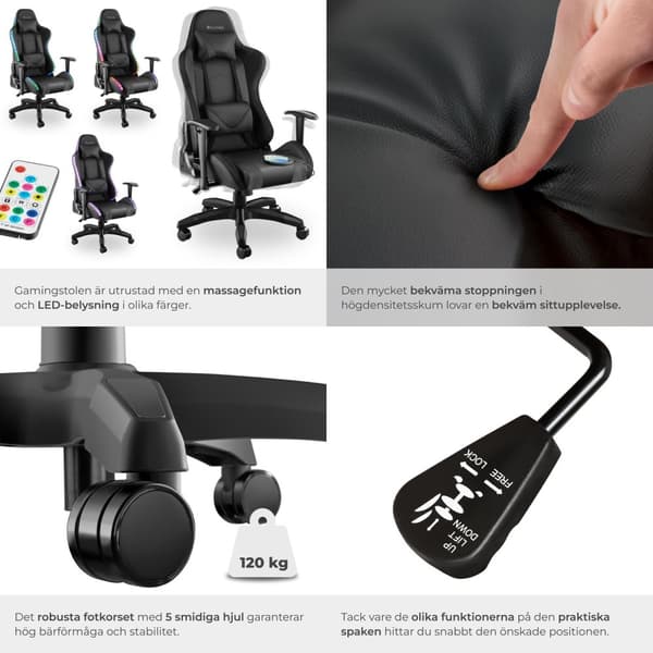 Gamingstol Tartaros, LED, massagefunktion - svart/svart