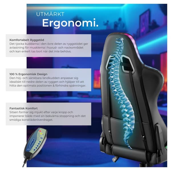 Gamingstol Tartaros, LED, massagefunktion - svart/svart