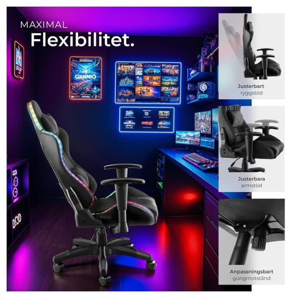Gamingstol Tartaros, LED, massagefunktion - svart/svart