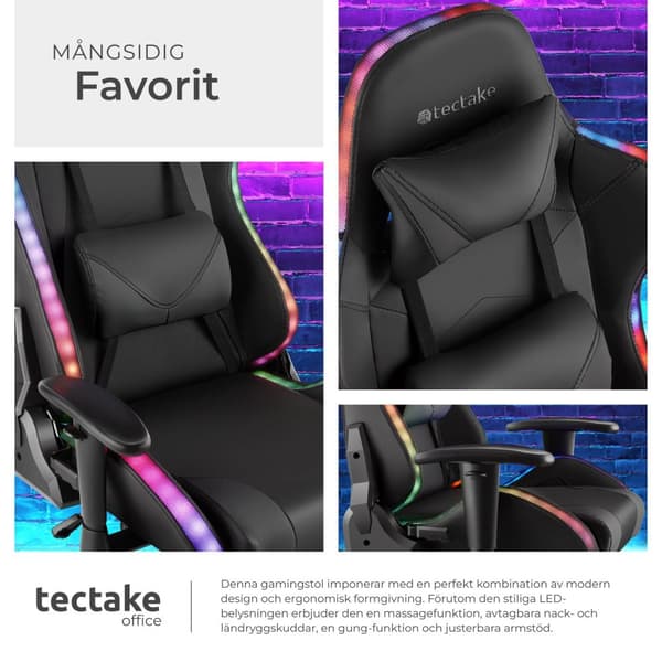 Gamingstol Tartaros, LED, massagefunktion - svart/svart