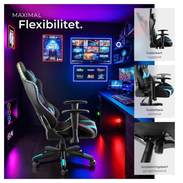 Gamingstol Tartaros, LED, massagefunktion - svart/azurblå
