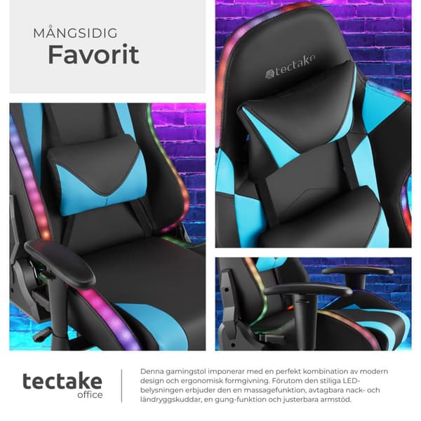 Gamingstol Tartaros, LED, massagefunktion - svart/azurblå