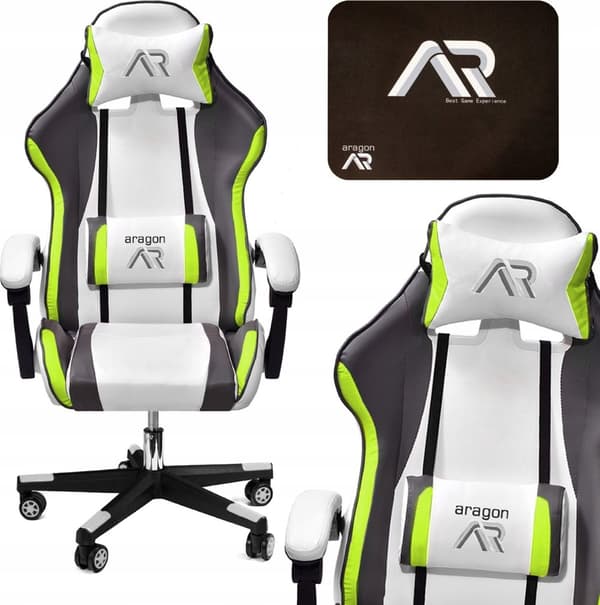 Ergonomisk Vit-Grå-Lime Spelstol med Nack- och Ländstöd, Justerbara Funktioner för Gamers och Proffs