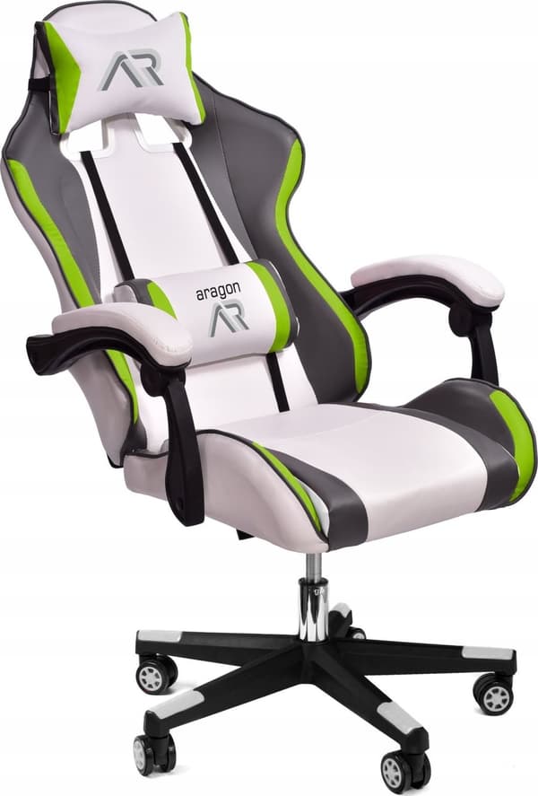 Lyxig Ergonomisk Spelstol med Premium ECO-Läder, Vit-Grå-Lime, Justerbar & Lutningsbar